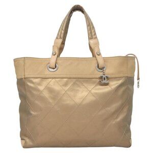CHANEL Paris Biarritz MM Tote Bag Coated Canvas Beige Silver CC Auth